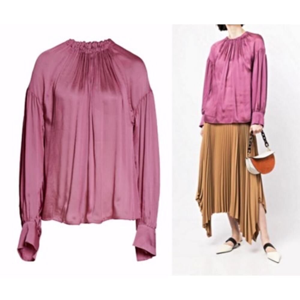 VINCE LONG SLEEVES SHIRRED NECK CRINKLED SILK BLOUSE in CAMELIA COLOR 🩶